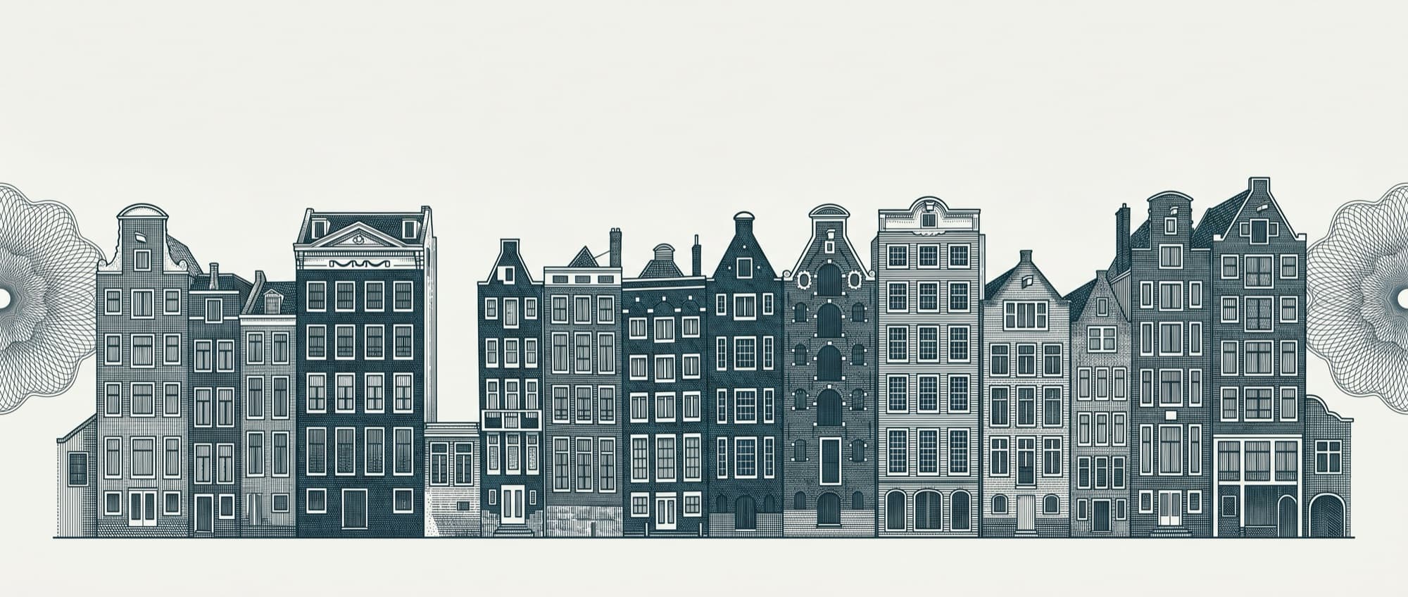 Gegraveerd vignet van Amsterdamse grachtenpanden in de stijl van een effectencertificaat